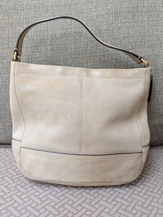 Coach Handbags - Coach Beige Suede Top Handle Bag with Leather Trim